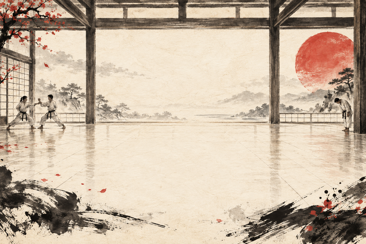 Illustration of karate training in an ink-painted dojo