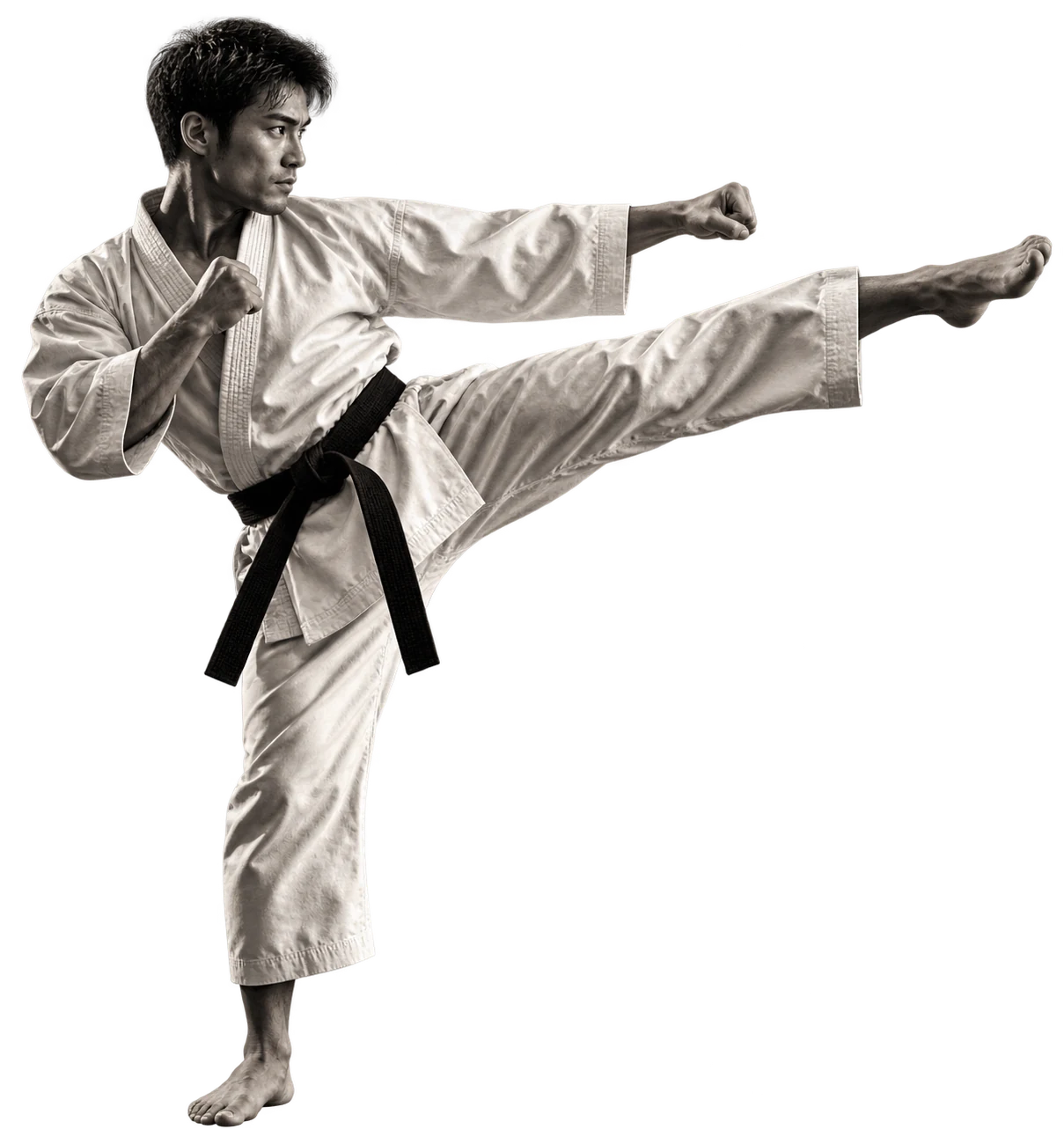 Illustrative karate athlete performing a side kick